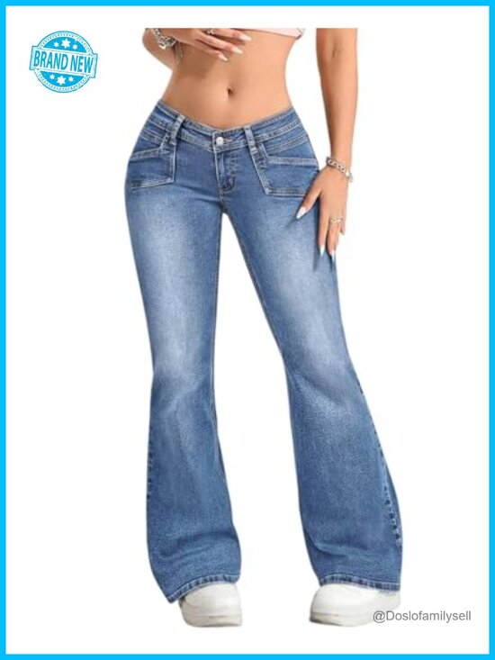 Denim - Womens Low Waisted Flare Jeans Stretch Denim Bell Bottom